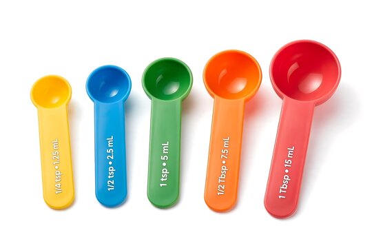 Set of five colorful plastic measuring spoons with measurement markings isolated on pure white background. Yellow blue green orange red spoons, cooking measuring tools, kitchen utensils