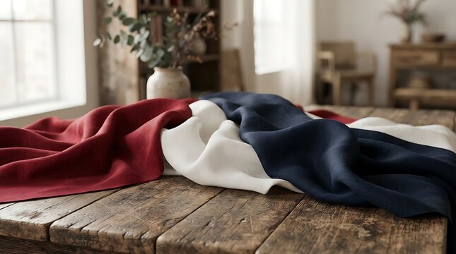 A draped red, white, and blue fabric representing an american flag design on a rustic wooden table in a home setting