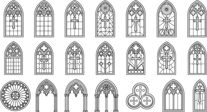 Gothic cathedral window line icon set featuring black outline arch frames rosette wheels and traditional christian cross shapes isolated on white background