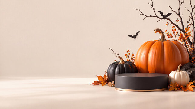 Elegant Halloween Pumpkin Product Display with Black Podium and Large Copy Space