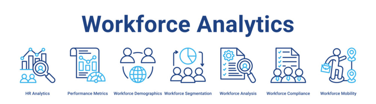 Workforce Analytics web banner icon vector illustration concept for business with icon of HR Analytics, Performance Metrics, Workforce Demographics, Workforce Segmentation, Workforce Analysis,.