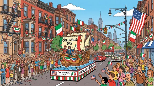 Columbus Day festival parade illustration with Italian heritage float and cheering crowd waving Italian and American flags