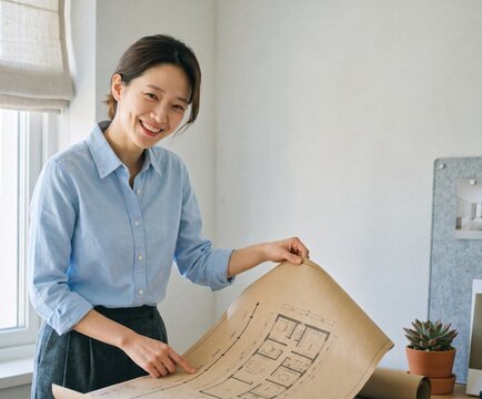 Generative AI, Confident female architect reviewing building blueprints in a bright modern office