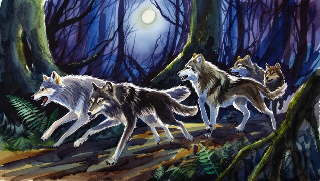 Wolf Pack Running Through a Moonlit Forest