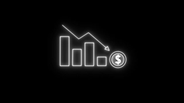 Neon financial bar chart with declining trend and dollar coin business loss concept animation graph