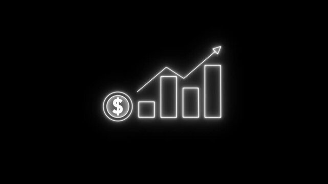 Neon financial growth chart with dollar coin glowing business analytics bar graph animation for corporate presentations and marketing reports