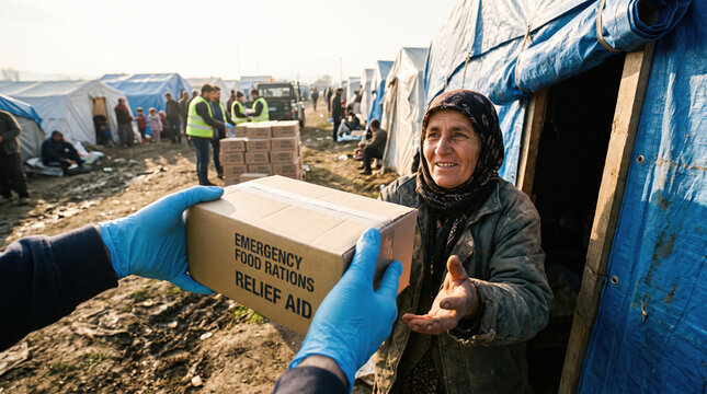 Emergency food donation to smiling disaster survivor at temporary relief shelter