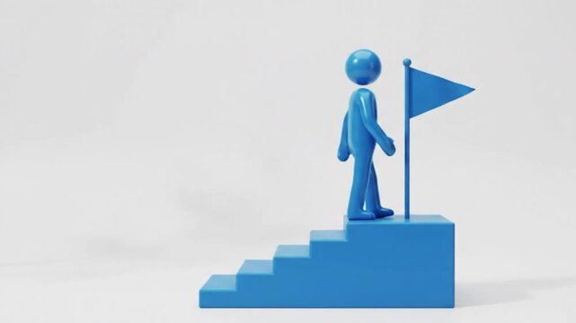3D Blue Character Climbing Stairs To The Top With Flag Success Concept