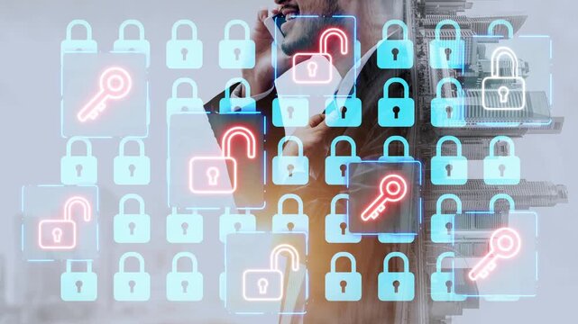Businessman with smartphone overlaid with digital locks and keys representing cybersecurity and data protection in modern technology landscape. Entropy.