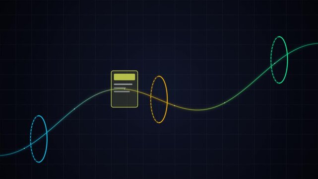 An abstract document representing an invoice traveling along a glowing data stream through three processing gates: sent, processed, and received. Built with dynamic time-based logic and smooth curved