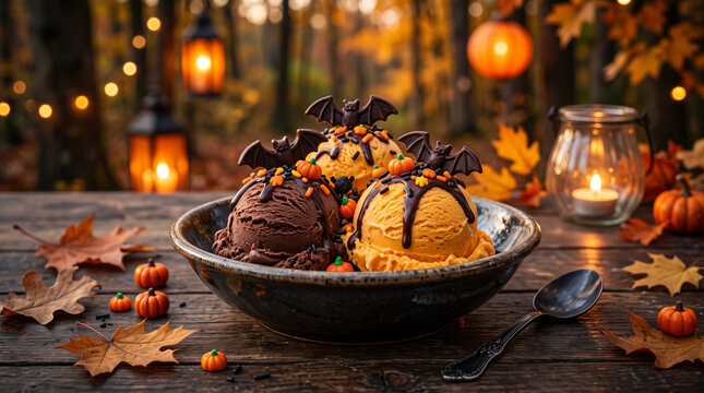 Chocolate pumpkin ice cream with chocolate sauce and bat on top,  pumpkin halloween theme 