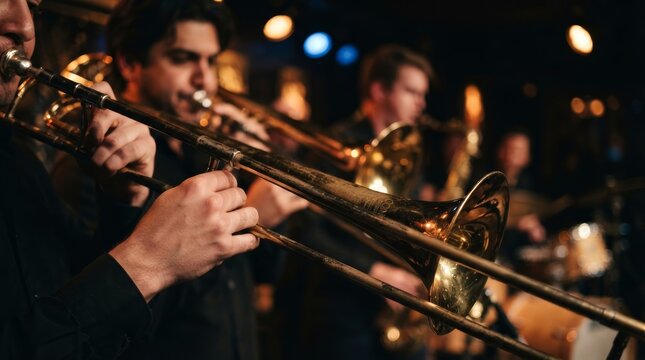 A lively musical performance featuring close-up shots of gleaming brass trombones.