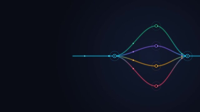 Abstract visualization of a split payment system. A single financial data stream enters, neatly splits into multiple recipient nodes, and merges back into a continuous loop. Clean left side for copy s