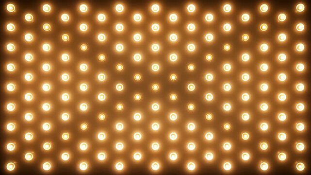 Bright Flashing Light Array with Warm Circular Bulbs, Golden Spotlight Pattern, Amber Glow, Symmetrical X Design, Stage Lighting, Concert Production, Theater Background, Festive Visual Atmosphere