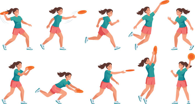 Young Woman Playing Ultimate Frisbee Vector Character Set Throwing and Catching Flying Disc for Sports Fitness and Active Lifestyle Graphic Designs