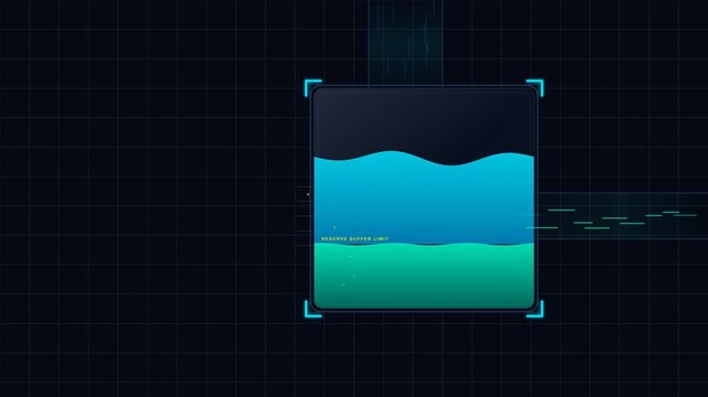 Seamless loop of a liquidity buffer concept. Inflow and outflow data streams fill a sleek geometric glass container. The bottom reserve layer remains highly stable while the active top layer fluctuate