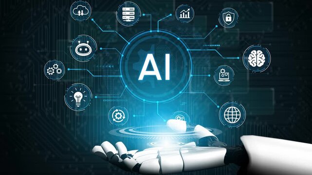 Futuristic Robotic Hand Displaying AI Technology with Icons Representing Machine Learning, Data Analysis, and Innovation Concepts. Entropy.