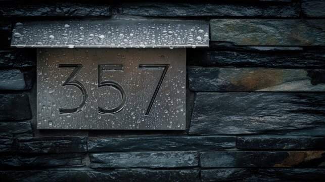 Modern house number House number 357 displayed on a textured dark stone wall with water droplets.