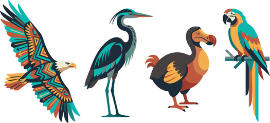 Geometric Wild Birds Vector Illustration Set with Flying Eagle Heron Dodo and Colorful Macaw Parrot Elements for Creative Graphic Designs © Maimuna