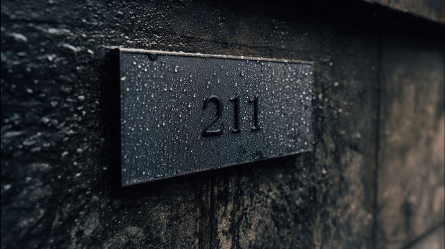 Modern house number Close-up of a textured black wall with a rectangular plaque displaying the number 211 in raised digits.