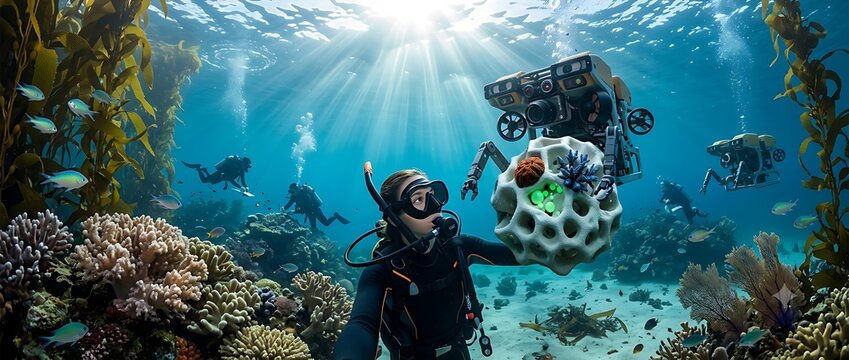 A scuba diver works with an underwater robot to inspect a coral structure in ocean with interacts autonomous underwater examining porous artificial