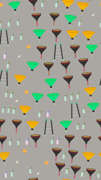 Pattern of funnels, ladders, spray bottles, and magic wands
