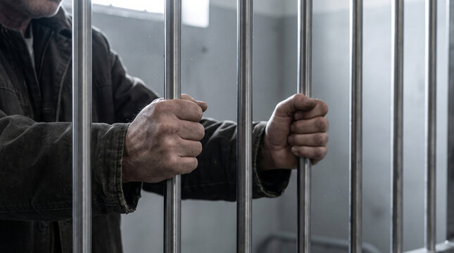 A somber close-up of a man's hands tightly gripping the cold metal bars of a prison cell, conveying a sense of confinement and loss of freedom.