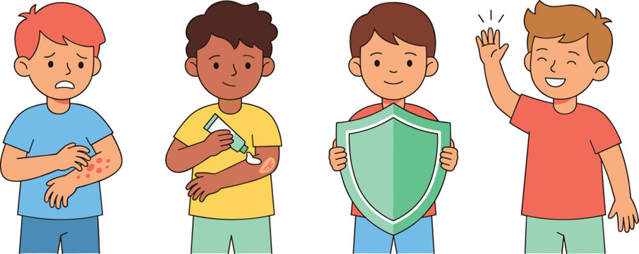 Children Skin Care Vector Character Set Showing Allergy Rash Ointment Treatment Shield Protection and Healthy Boy for Pediatric Medical Graphic Designs