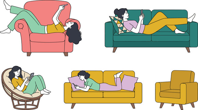 Young Woman Relaxing on Sofa Vector Character Set Using Smartphone on Couch and Armchair for Comfort Lifestyle and Communication Graphic Designs