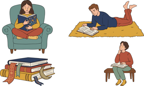 People Reading Books Vector Character Set with Stack of Novels Armchair and Rug Elements for Literature Education and Cozy Hobby Graphic Designs