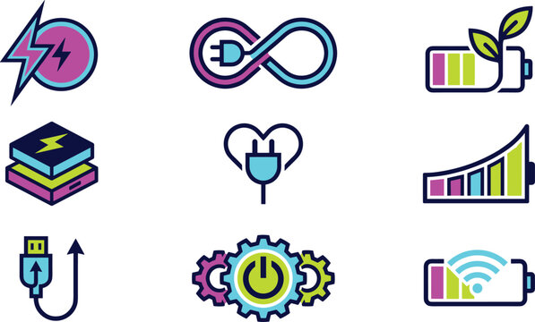 Green Energy and Battery Charge Icon Set with Eco Power Plug Infinite Loop and Wireless Charging Symbols for Sustainable Technology Interface Designs
