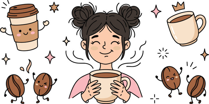 Cute Girl Drinking Coffee Vector Set with Kawaii Character Cups Dancing Beans and Stars for Cafe Branding and Morning Beverage Graphic Designs