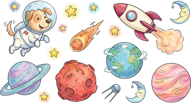 Cute watercolor astronaut dog in space vector illustration set featuring rocket spaceship earth planets asteroid comet and sleeping moons isolated on white