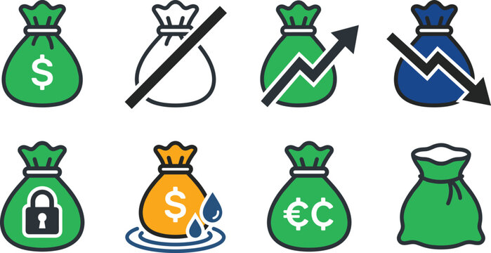 Money Bag Finance Investment Profit Savings Currency Wealth Growth Security Loss Exchange Business Icon Collection Vector