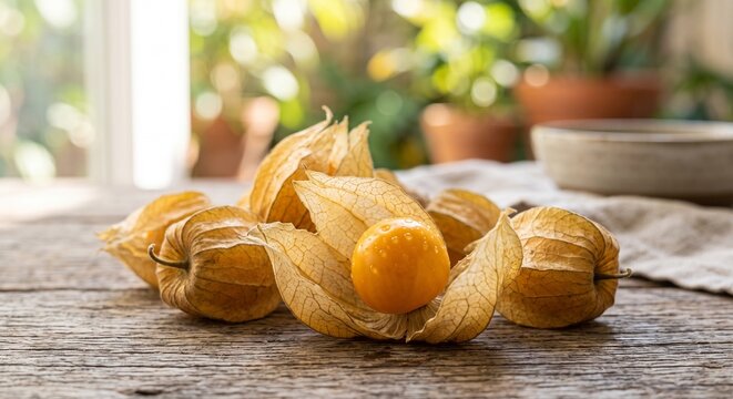 Fresh golden berries physalis with husk on rustic wooden table with morning sunlight and water droplets