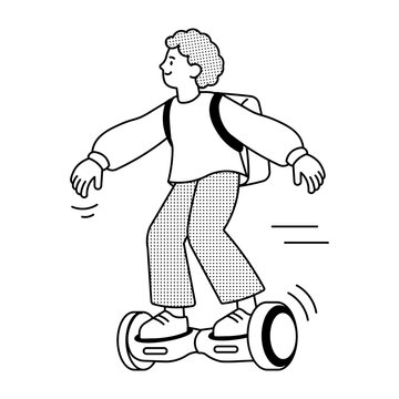 Hand-drawn illustration of a person riding a hoverboard, showing a futuristic floating board and a playful concept for personal transportation.