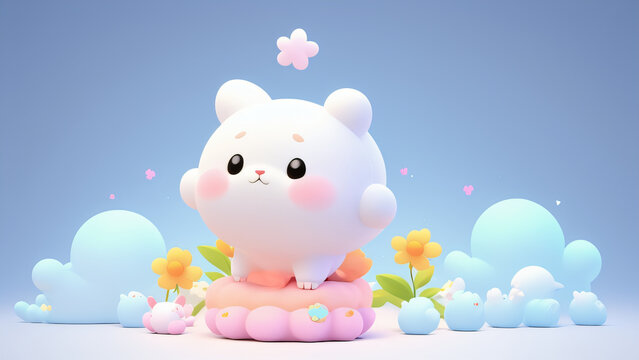 Whimsical White Bear on Pink Flower A Delightful Nature Scene