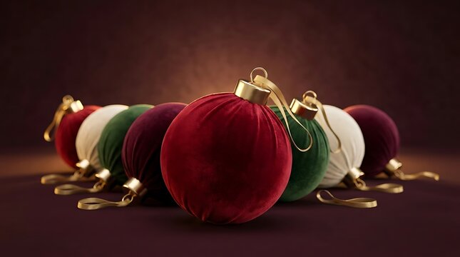 A collection of elegant velvet christmas ornaments in rich jewel tones arranged on a dark background