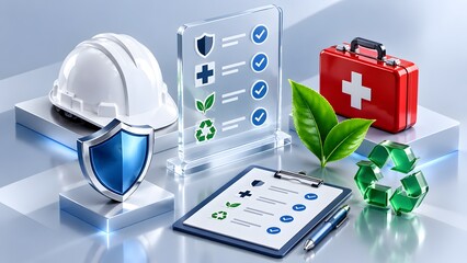 Fototapeta premium Occupational HSE compliance management concept with protective hard hat medical kit checklist clipboard and green sustainability symbols