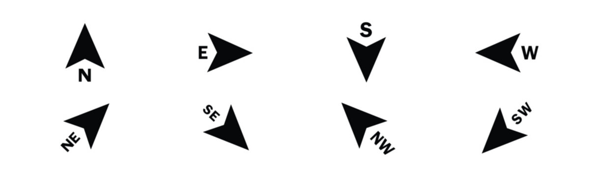 Compass direction arrows icon set. Arrow vector icon set with directional indicators for N, S, E, W, NE, SE, NW, and SW.