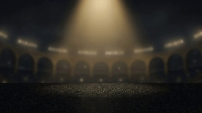 Empty Sports Stadium with Dramatic Spotlight and Dark Field