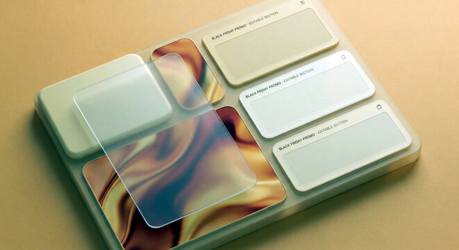 A set of rectangular placeholders with editable text labels for black friday promotions featuring translucent layered surfaces and fluid marble patterns displayed in warm golden amber color tones