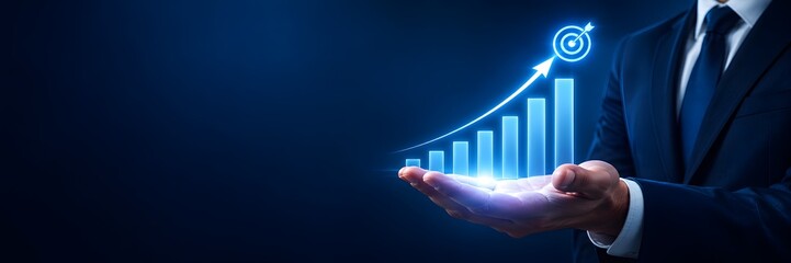 Corporate professional holding a glowing blue digital financial chart with an upward trend arrow hitting a target bullseye representing growth and success