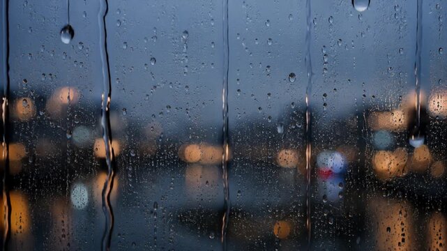 Raindrops sliding down window with blurred city lights