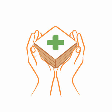 Caring Hands, Medical Aid: A conceptual illustration depicts cupped hands gently holding a stack of books or first aid supplies, adorned with a prominent green cross, symbolizing care, healing.