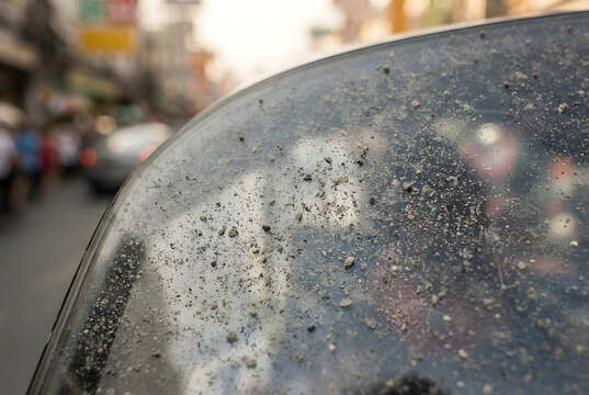 &bull;	Close-up macro view of a fine layer of road dust settled on a three-wheeler windshield