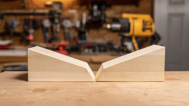 miter. Two wooden picture frame pieces with a perfect miter joint in a workshop. safety posters, maintenance manuals, designed for industrial assembly lines and welding operations.
