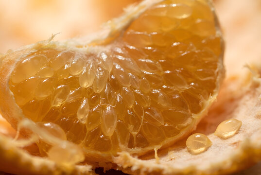 Close-up macro view of the glistening, juice-filled pulp vesicles inside a fresh orange segment