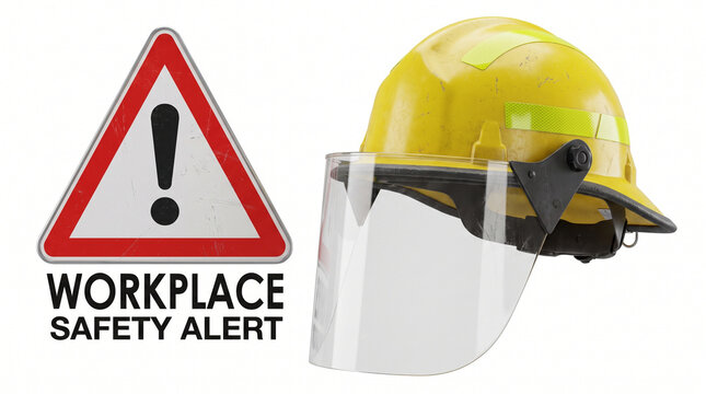 Bright yellow protective hard hat featuring a clear plastic face shield positioned next to a triangular red warning sign displaying an exclamation mark and bold workplace safety alert text