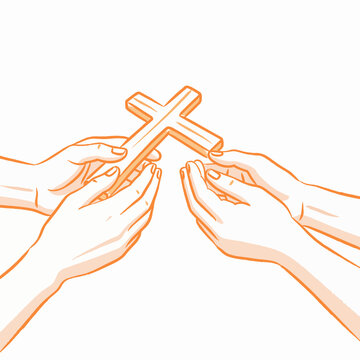 Passing the Cross: A symbolic illustration depicting the transfer of a wooden cross between cupped hands, representing faith, devotion, and spiritual connection.